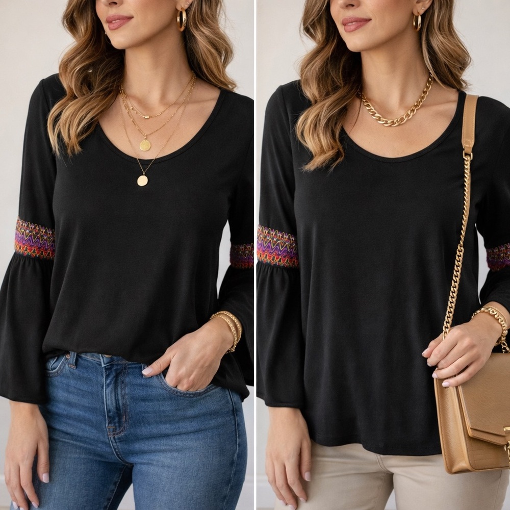 Maya Black Top with Colorful Bell Sleeve Accents
